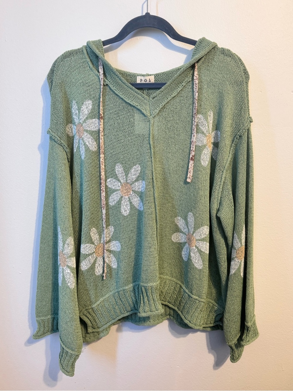 POL Sage Green Daisy Flower Open Knit Crochet Hooded Sweater Size Large - Picture 2 of 11